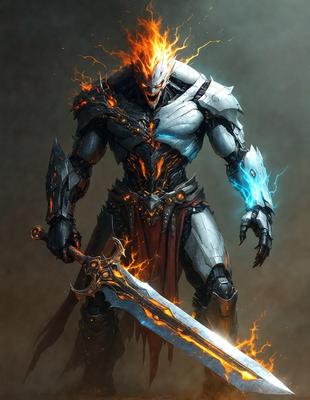 The primary subject of the image is a man dressed in a futuristic armor, holding a sword. The setting is a dark background, which adds to the dramatic atmosphere of the scene. The visual style is a digital art, illustration, or drawing, showcasing the intricate details of the armor and the sword. The colors are predominantly dark, with the man's armor and the sword being the main focus, creating a moody and intense mood.